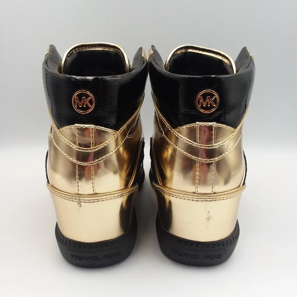 Michael Kors Nikko High-Top Wedge Sneakers Black Gold Patent‎ Leather Women's 8M